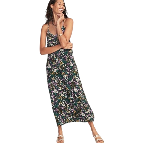 NWT Old Navy Black Floral V-Neck Maxi Shift Dress Women XS - Picture 1 of 11